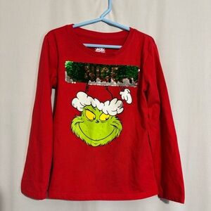 Dr. Seus Flip-Sequin Nice The Grinch Girl’s Long Sleeve Red Blouse S(6-6X)
